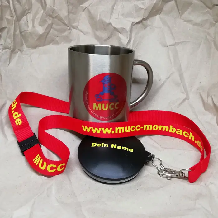 Narrenbecher mit Logo des MUCC Mombacher Underground Carneval Club e.V. und Deinem Namen und Schlüsselband mit Schriftzug