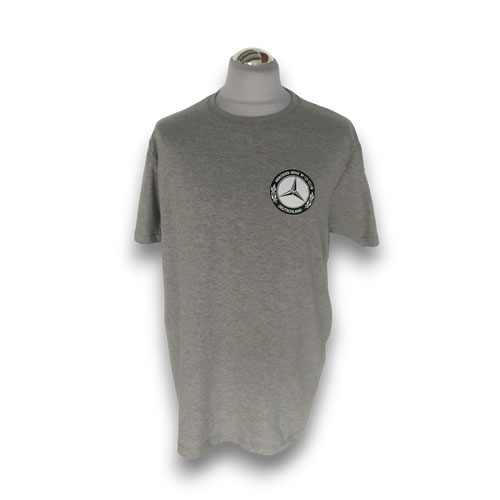 Herren Team-T-Shirt Rundhals mit Mercedes Benz W123 Club e.V.-Logo - optional Fahrzeugsilhouette rückenseitig