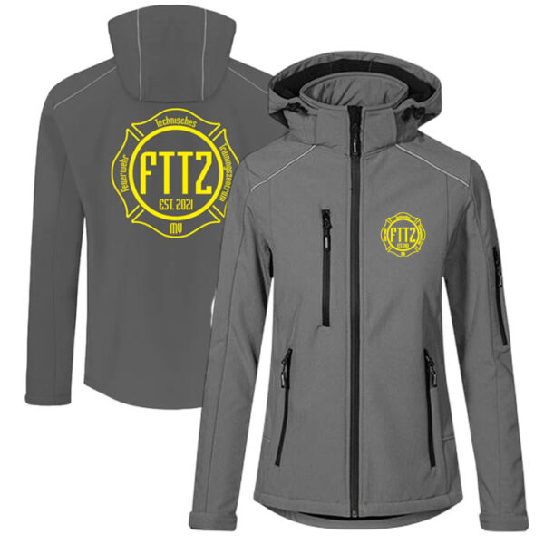 Ladies Softshell-Jacket in grey mit Logo FTTZ Feuerwehrtechnisches Trainingzentrum MV