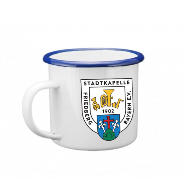 Emaille-Tasse im Retro-Look mit Logo-Aufdruck Stadtkapelle Friedberg e.V.