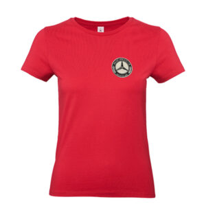 Damen Team-T-Shirt Rundhals mit Mercedes Benz W123 Club e.V.-Logo als Stickpatch klein auf Brust