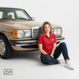 Lady Classic Polo mit Stickpatch des Mercedes Benz W123 Club e.V.-Logo