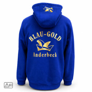 Herren Hoodie in royal-blau für den Anderbecker Carnevalsclub Blau-Gold e.V. mit individuellem Vereinsdesign
