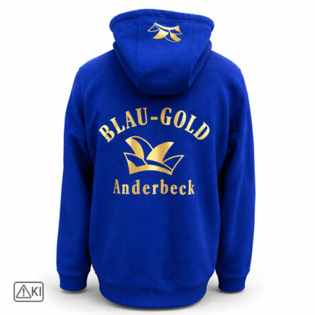 Herren Hoodie in royal-blau für den Anderbecker Carnevalsclub Blau-Gold e.V. mit individuellem Vereinsdesign